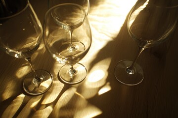 Three empty wine glasses on a wooden table with sunlight streaming through the window