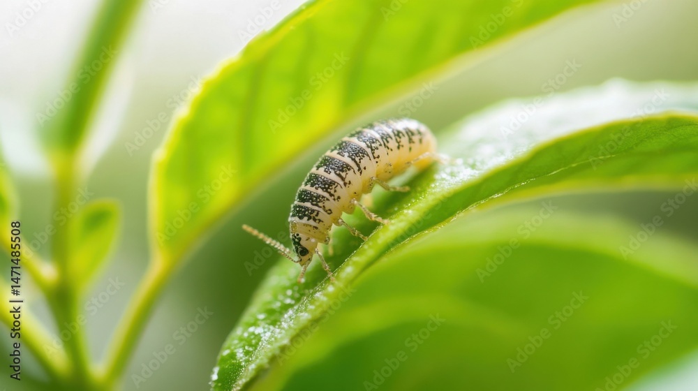 Poster a small, segmented isopod insect crawls along a vibrant green leaf, showcasing intricate details and