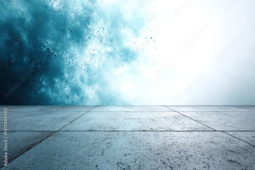 Aufkleber Abstract teal dust cloud backdrop with textured concrete floor, ideal for product placement or design projects.  Provides a modern, atmospheric setting. : Generative AI