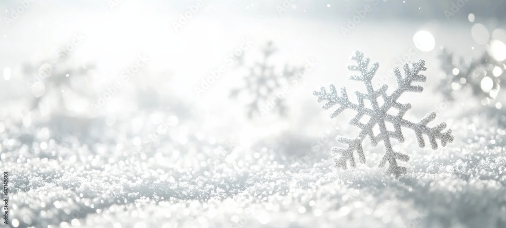 Poster silver snowflake resting on sparkling snow, a festive winter scene with bokeh lights, perfect for ho
