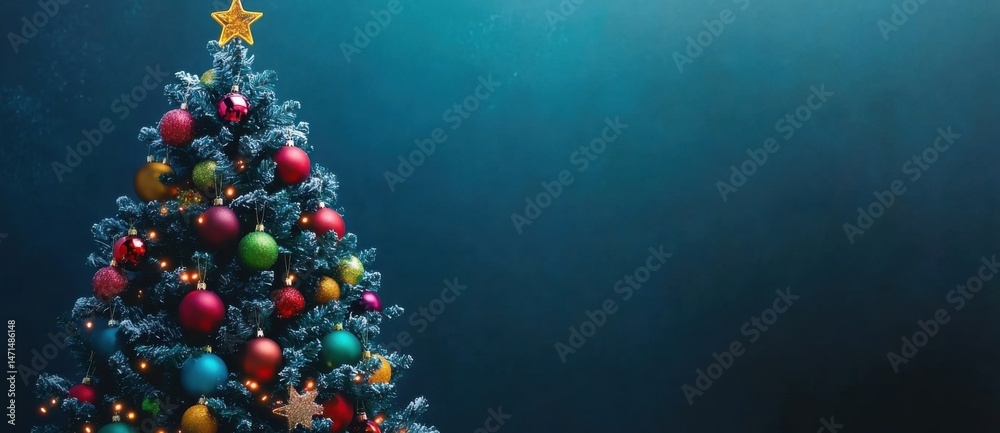 Poster a snow-dusted christmas tree adorned with colorful ornaments stands against a deep teal background, 