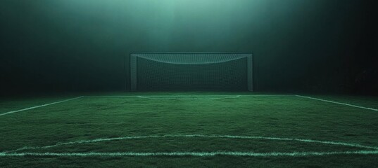Empty soccer field at night, green grass, goal net in the background, illuminated by a single light source, creating a dramatic and mysterious atmosphere. : Generative AI