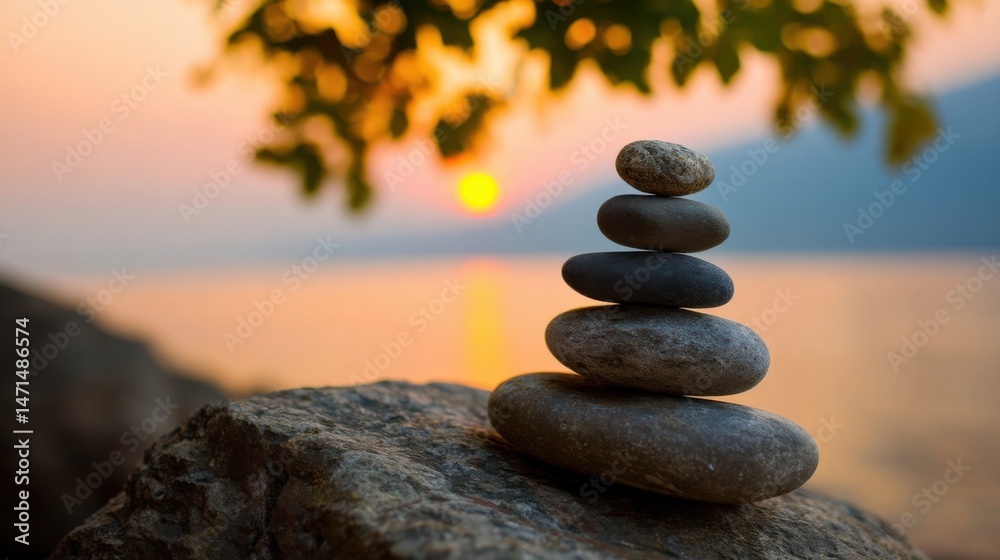 Poster serene sunset view featuring a carefully balanced stack of grey stones on a large rock near a calm l