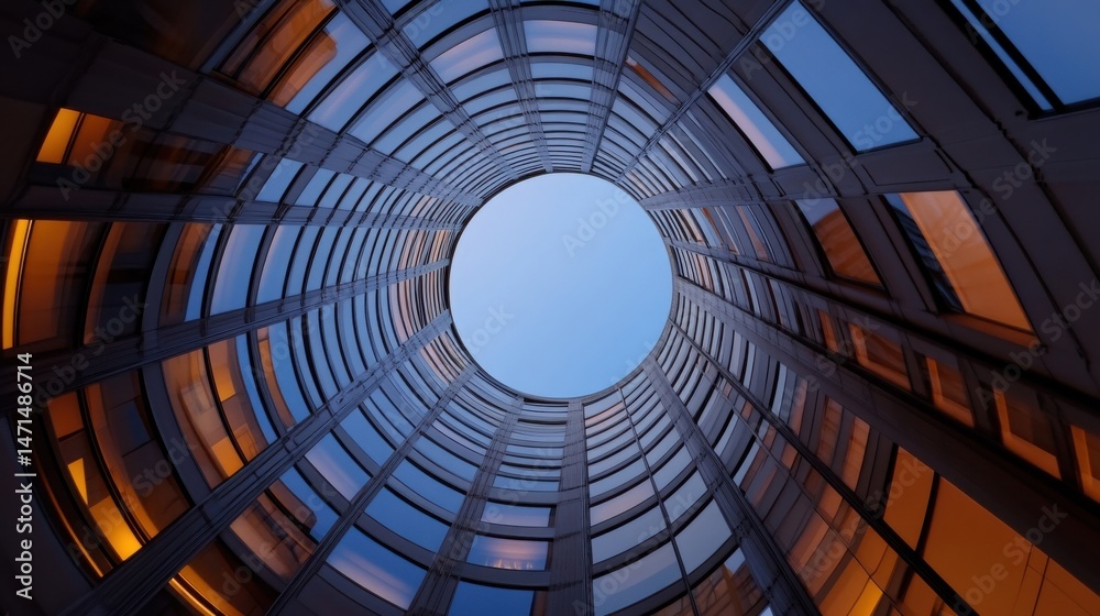 Poster A mesmerizing upward view of a modern building's curved glass facade, showcasing a circular pattern of windows and a clear blue sky visible through the central opening. : Generative AI