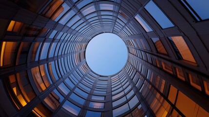 A mesmerizing upward view of a modern building's curved glass facade, showcasing a circular pattern of windows and a clear blue sky visible through the central opening. : Generative AI