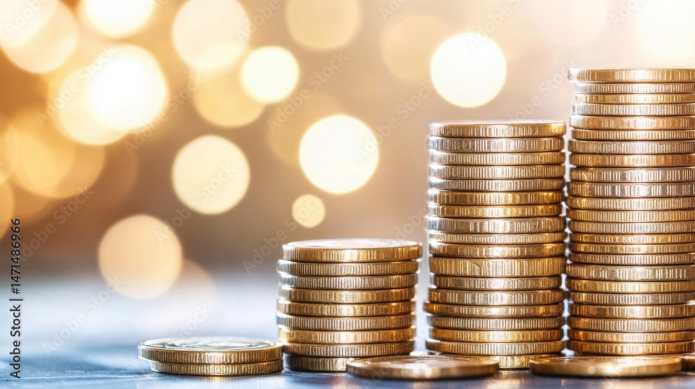 Poster three stacks of gold coins ascending in size against a bokeh background of warm, golden lights, symb