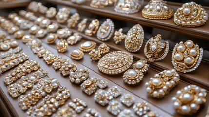 Obraz premium Luxurious Gold and Pearl Jewelry Collection Displayed on Wooden Shelves