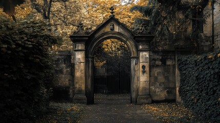Obraz premium Old stone archway gate in a secluded garden.