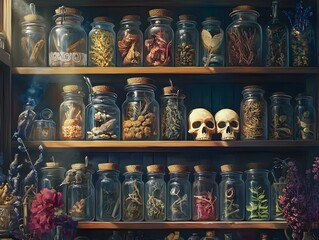 Vintage Apothecary Cabinet: Skull and Herb Collection in Glass Jars with Dark, Moody Lighting for Gothic Home Decor