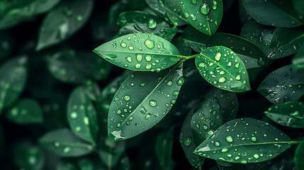Fototapeta premium Raindrops cling to vibrant green leaves in a lush and refreshing scene.