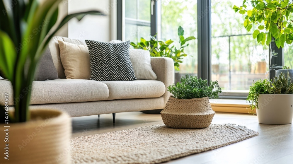 Poster beige sofa with patterned pillows sits in a bright living room, surrounded by lush potted plants and