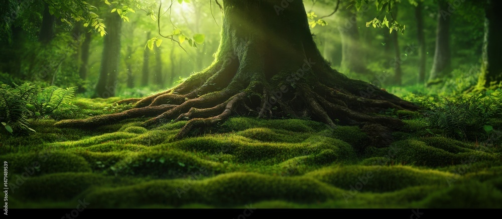 Leinwandbilder Ancient tree roots emerge from lush green moss, bathed in sunlight filtering through a dense forest canopy, creating a serene and mystical atmosphere. : Generative AI