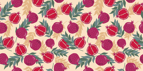 Pomegranate with leaves. Slices and whole fruit pattern. Vitamin natural vegetarian food. Color flat illustration, graphics print. Seamless background.