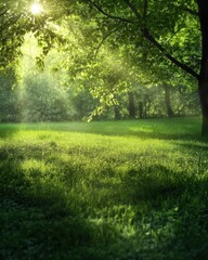 Obraz premium Sunbeams filter through lush green leaves of a tree, illuminating a vibrant grassy meadow in a tranquil forest setting, creating a serene and peaceful atmosphere. : Generative AI