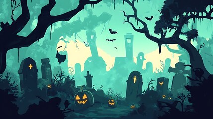 Obraz premium Spooky Halloween graveyard scene.
