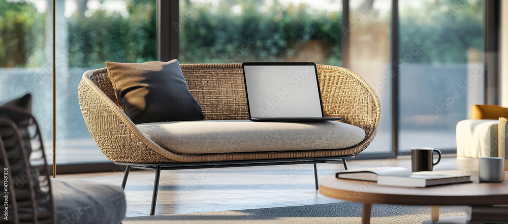 Poster modern rattan lounge chair with a laptop and pillows, situated near a large window with a view of lu
