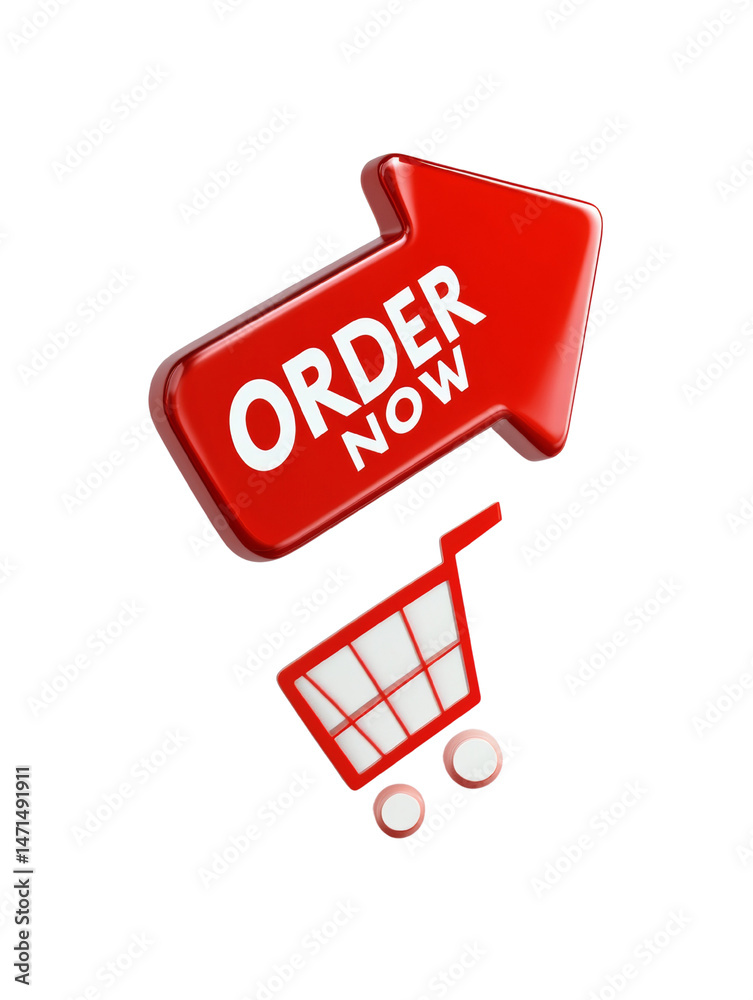 Poster vibrant red arrow with 'order now' text alongside a shopping cart icon