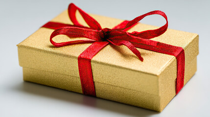 Obraz premium Golden gift box with red ribbon, symbolizing luxury and celebration