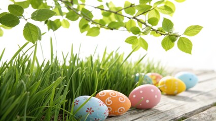 Fototapeta premium Happy Easter Colourful EGGs on Transparent Grass with Spring Background