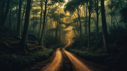 Fototapeta premium Winding dirt road leading into a misty forest at dawn