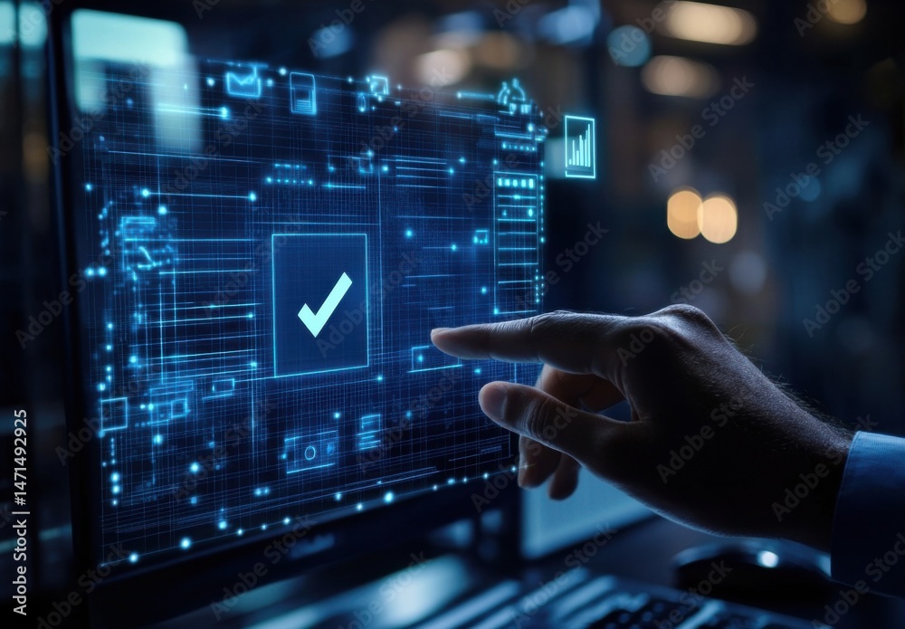 Fototapete A hand interacts with a digital interface displaying a checkmark, signifying approval or successful completion of a task within a technological context. : Generative AI