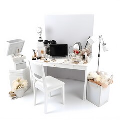 White Desk with Studio Setup, and Cosmetics.