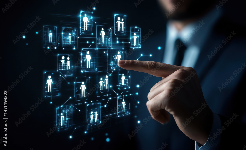 Fototapete A businessman interacts with a digital network of interconnected human icons, representing global connectivity and teamwork in a modern business setting. : Generative AI