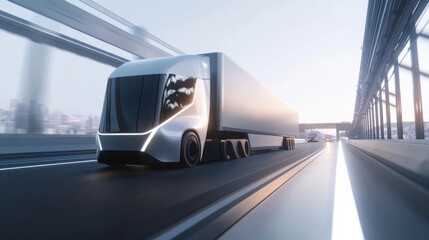 self-driving truck, electric vehicle, smart highway, autonomous transport, logistics, clean design, innovation, technology, minimalism, aerodynamic, futuristic, cargo, delivery, mobility, efficiency.