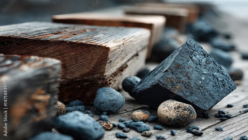 Poster dark blue cube rests on weathered wood planks, surrounded by small, dark stones and pebbles; a close
