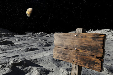Wooden sign on the lunar surface with a distant planet visible in the starry background