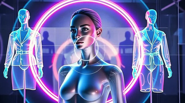 Interactive AR shopping experience, futuristic retail concept. Window shopping and interior of retail shop in neon colors. 