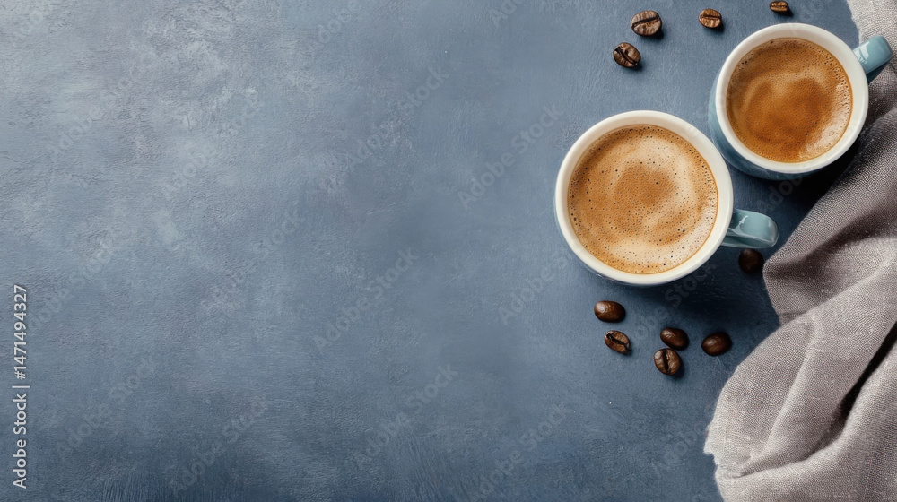 Poster two cups of aromatic espresso rest on a dark blue textured surface, accompanied by scattered coffee 