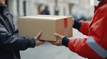 Delivery worker, uniform, handing package, customer, logistics, shipping, clean background, urban, sharp details, professional, last mile delivery, service, e-commerce, parcel, efficiency.