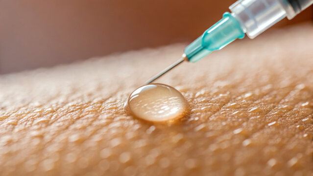 Vaccine booster Concept ,close up view of droplet of vaccine on skin before injection, showcasing syringe and skin texture