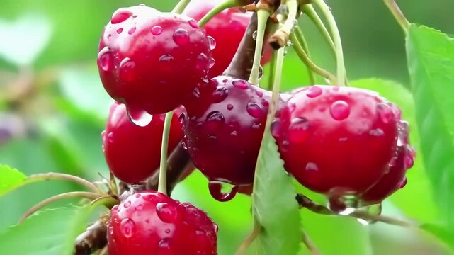 Fresh cherries glistening with dew in a vibrant garden setting