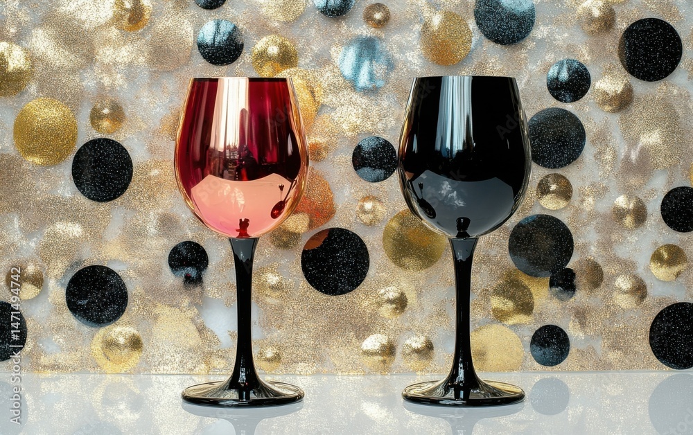Poster two elegant wine glasses, one red and one black, stand against a shimmering backdrop of gold and bla