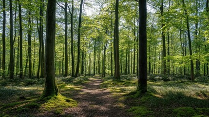 Fototapeta premium Serene Sunlight Path Through Lush Green Forest