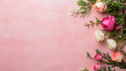 Fototapeta premium Pink and white flowers arranged on a blush pink textured background, creating a delicate and romantic floral border. : Generative AI