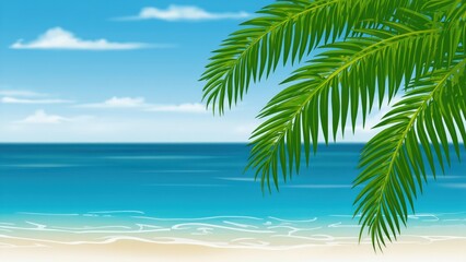 Tropical beach scene with palm leaves over a sandy shoreline and ocean