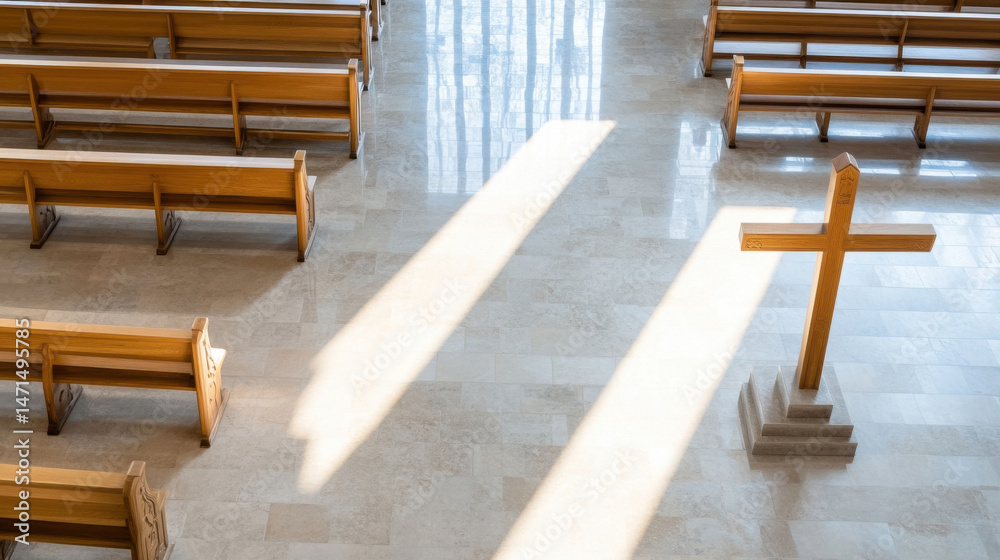Aufkleber sunlight streams through windows illuminating empty wooden pews and a large wooden cross in a modern