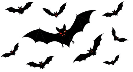 Flying black bats group for Halloween, decorative spooky element cut out