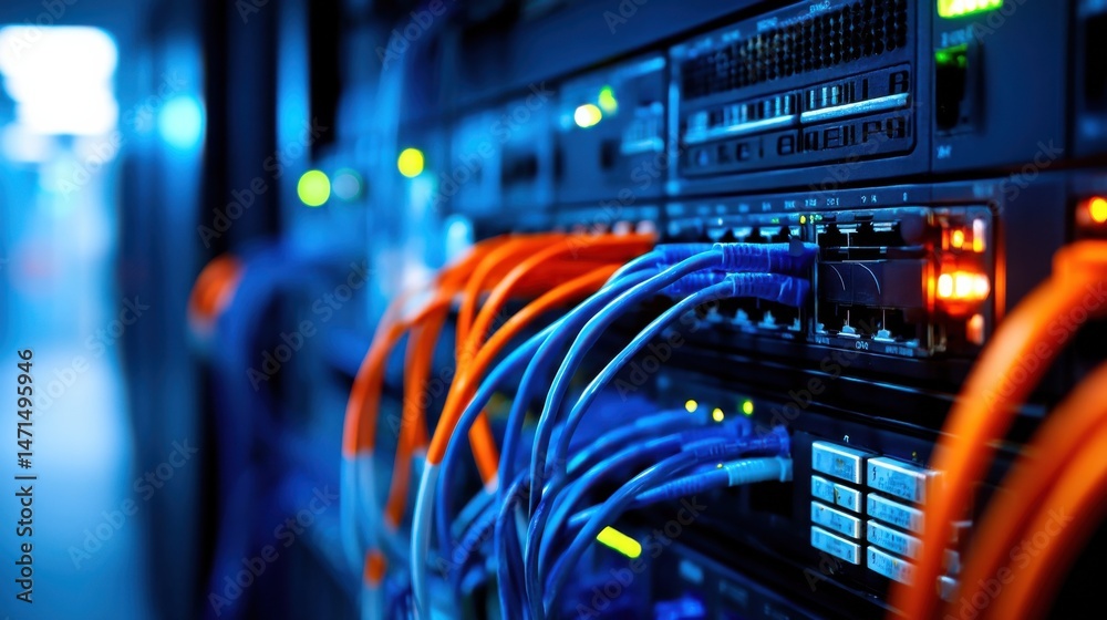 Aufkleber close-up view of fiber optic cables connected to network server equipment in a modern data center, s