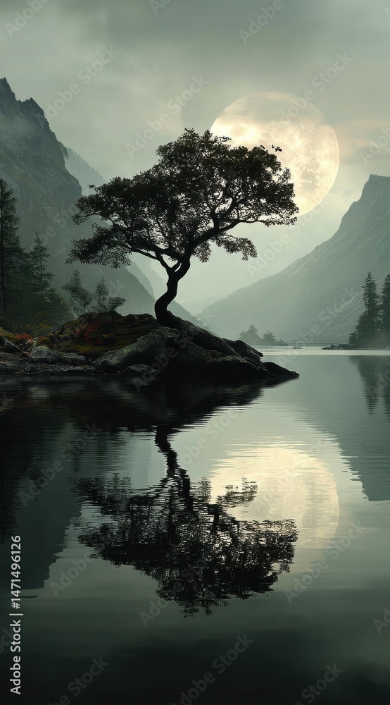 Poster serene moonlit landscape featuring a solitary tree on a rocky island, its reflection mirrored perfec