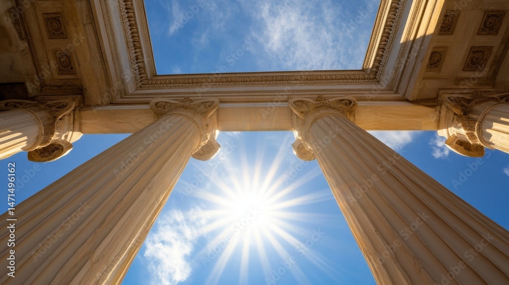 Aufkleber Sunlight streams through the ornate stone columns of an ancient temple, illuminating the bright blue sky above. : Generative AI