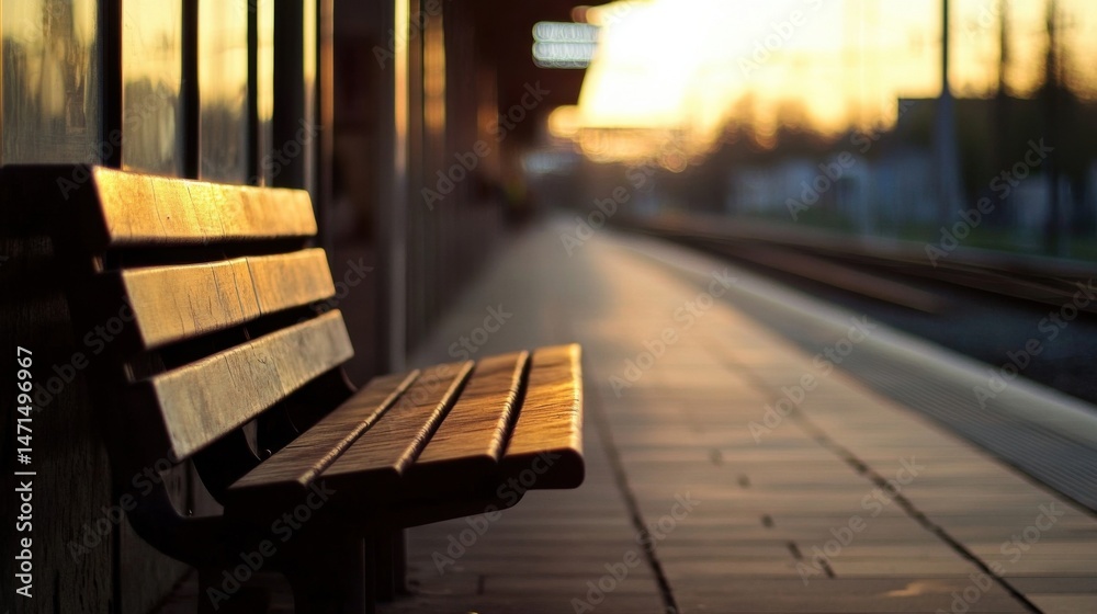 Aufkleber a lone wooden bench sits at a train station platform, bathed in the warm glow of the setting sun, ca