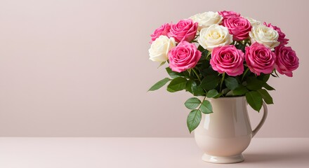 Fototapeta premium Elegant Bouquet of Pink and White Roses in a Cream Pitcher A Stunning Floral Arrangement for Any Occasion