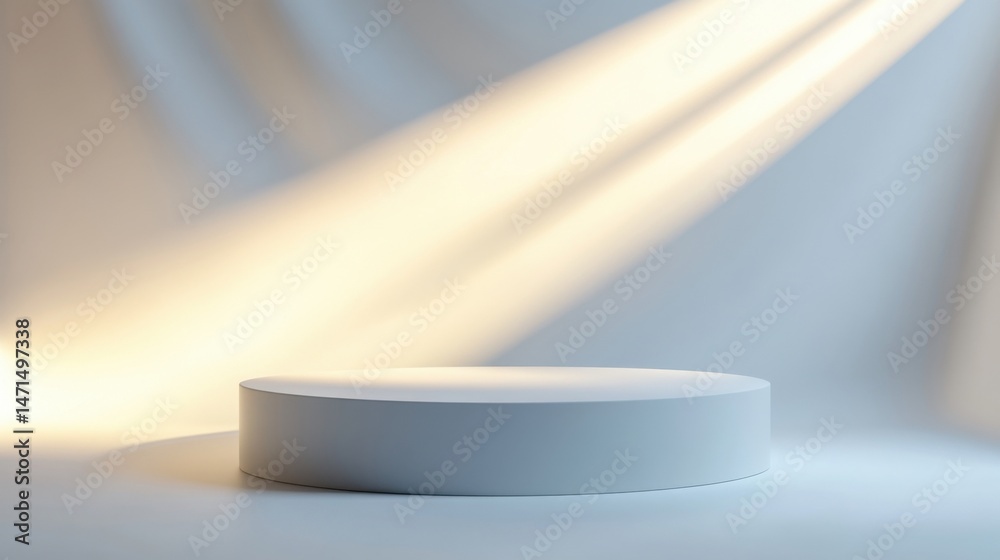 Poster a minimalist white cylindrical pedestal sits under soft, warm light beams against a subtly textured,