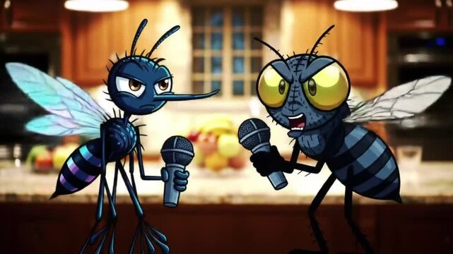 An epic rap battle between a cartoon mosquito and a housefly over who rules the kitchen