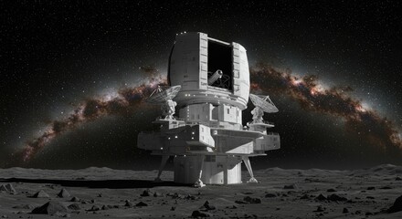 Lunar Observatory.  Advanced astronomical research facility on the moon, featuring a powerful telescope and satellite dishes, positioned amidst a backdrop of craters and the Milky Way