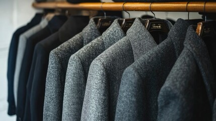 Obraz premium Row of Gray Winter Coats Hanging in a Closet